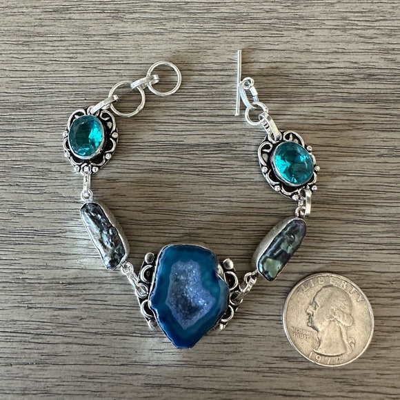 0191 Solar Agate Blue Topaz Handmade Bracelet Silver Gemstone Jewelry - Picture 6 of 11